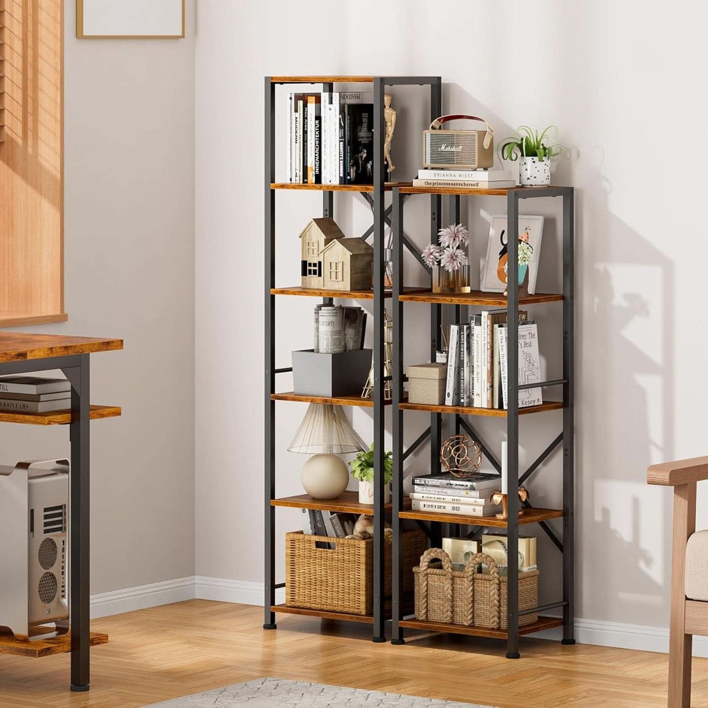 Tall Industrial Bookcase 6 Tier Rustic Brown Storage