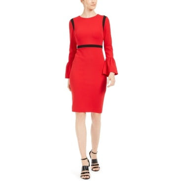 Calvin Klein Womens Striped Bell Sleeve Jewel Neck Sheath, Size 15