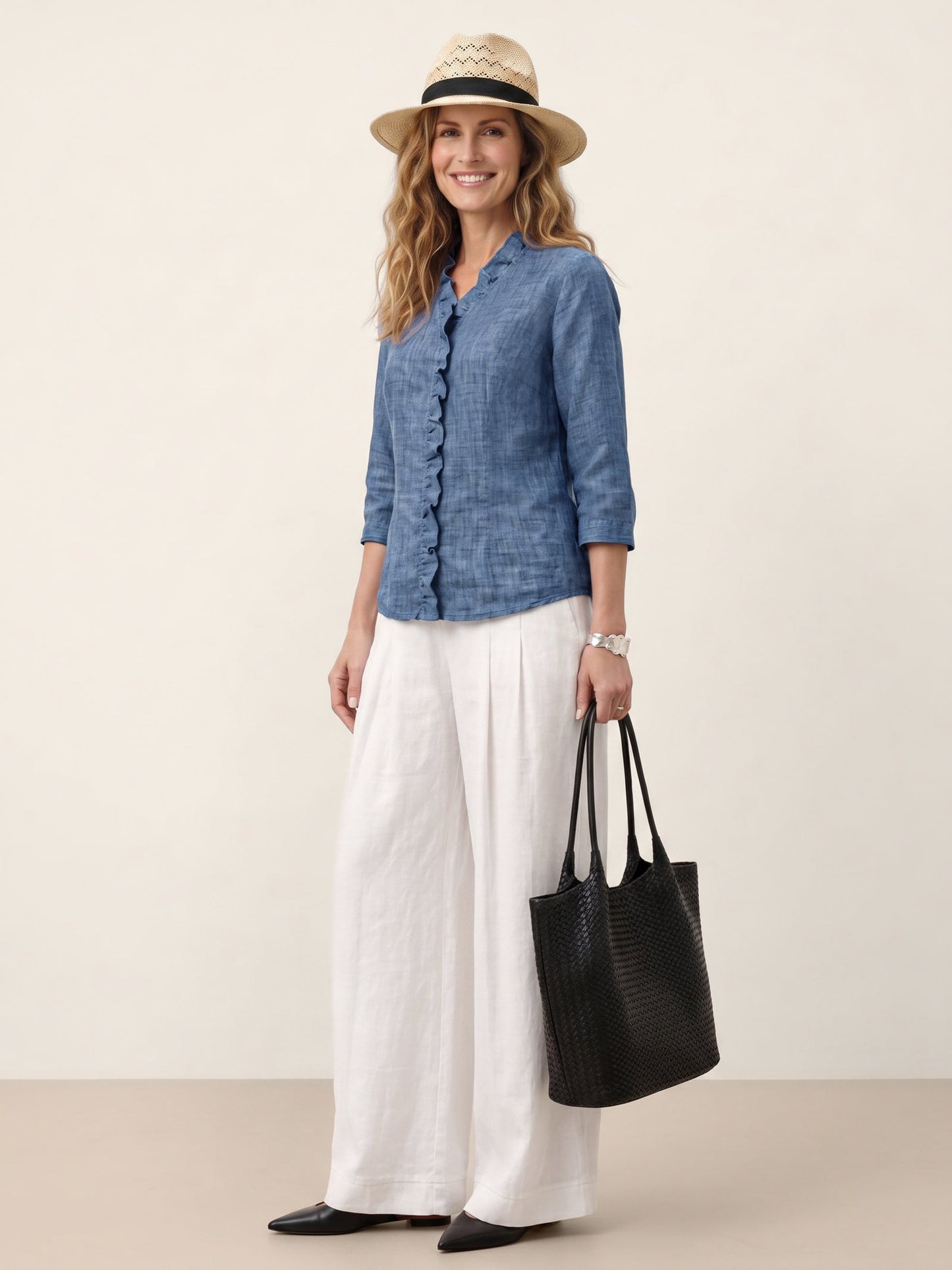 100% Linen Ruffle Placket V Neck Shirt RENATA