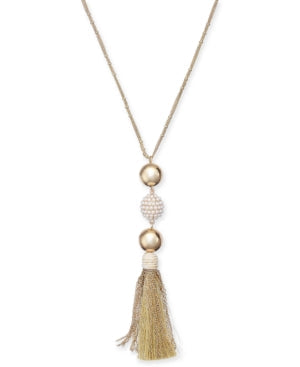 Inc Gold-Tone Imitation Pearl Fireball and Tassel Necklace