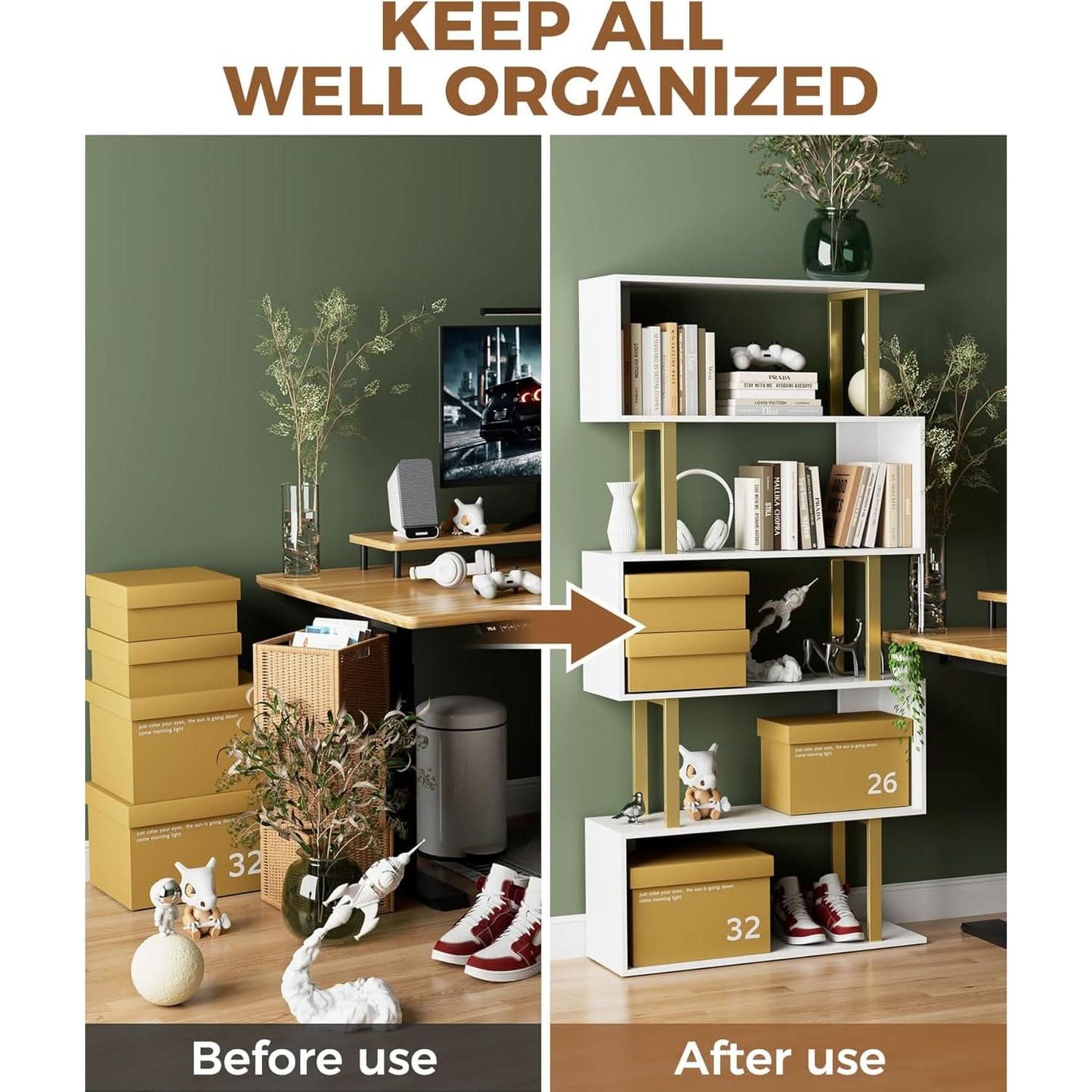 Gold 5 Tier S Shaped Wooden Bookcase For Living Room