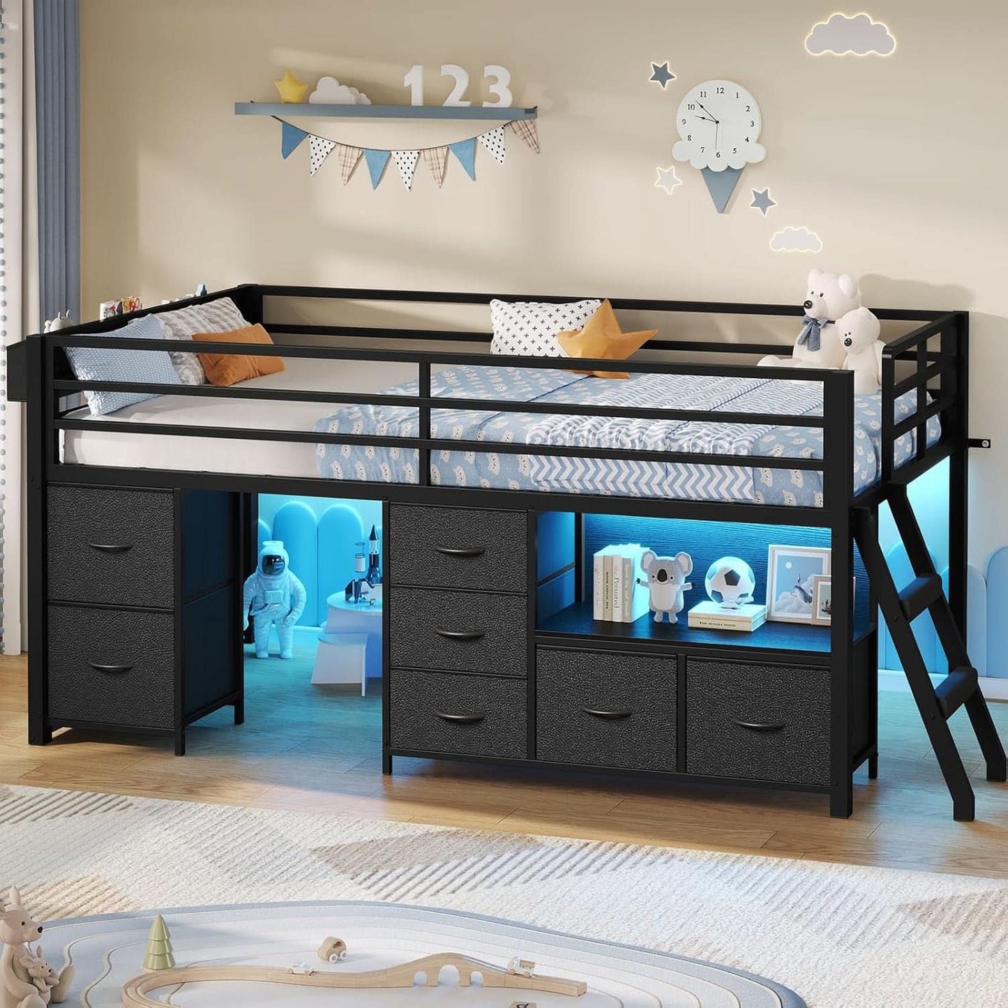 Twin Loft Bed With LED Lights And Storage Drawers Included