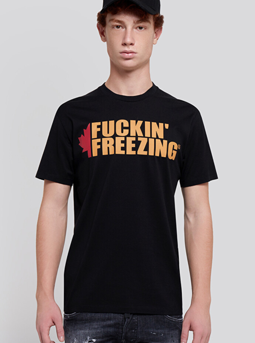 Dsquared2 Men Black Crewneck T-Shirt With Print On The Front And Logo Lettering On The Rear In Cotton Man