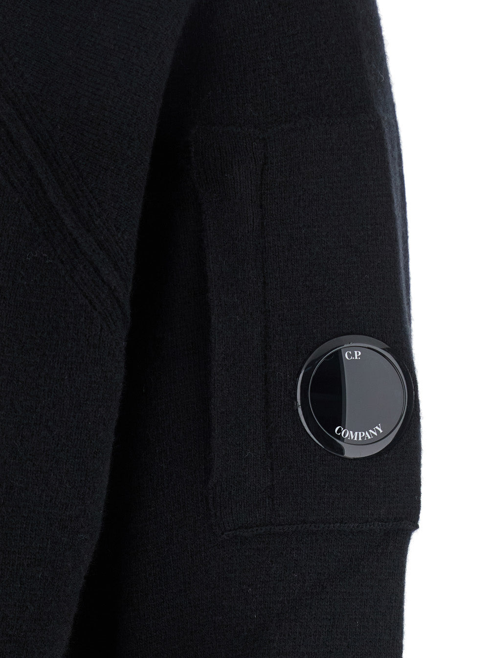 C.P. Company Men Black Cardigan With Drawstring Hood And Logo Plaque On The Sleeve In Wool Blend Man