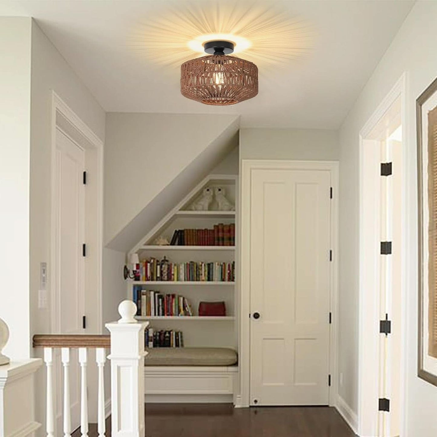 Dark Brown Hand Woven Rattan Ceiling Light With Dimmable LED