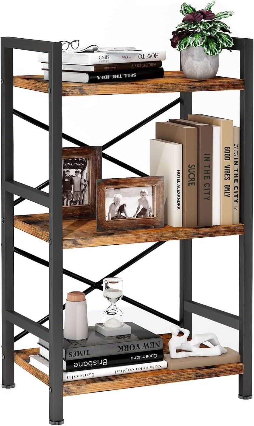 Rustic Brown 3 Tier Metal Bookshelf For Living Room