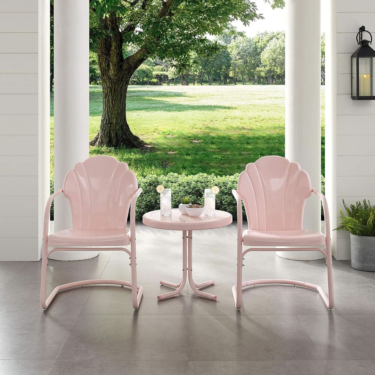Tulip 3 Piece Outdoor Chair And Side Table Set Pink Metal Patio Furniture