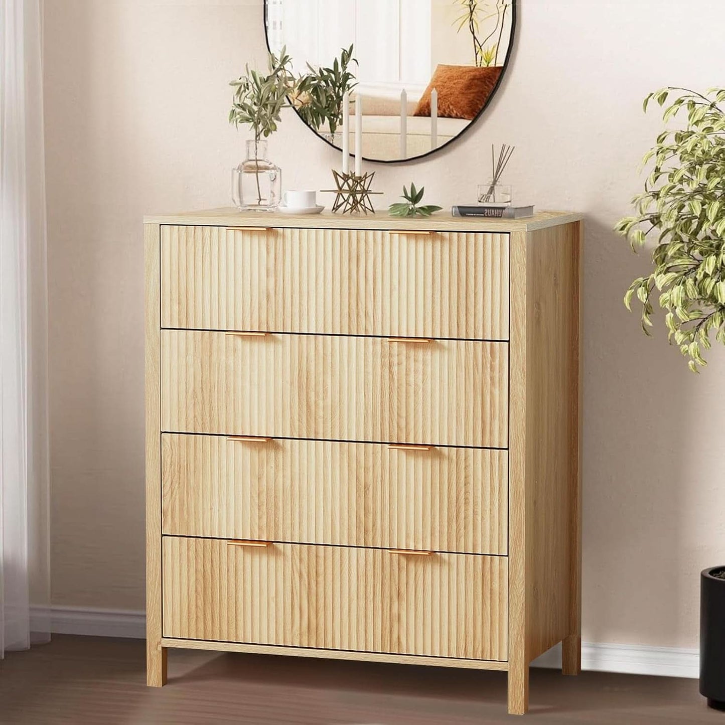 4 Drawer Dresser With Fluted Wave Panel Natural Wood
