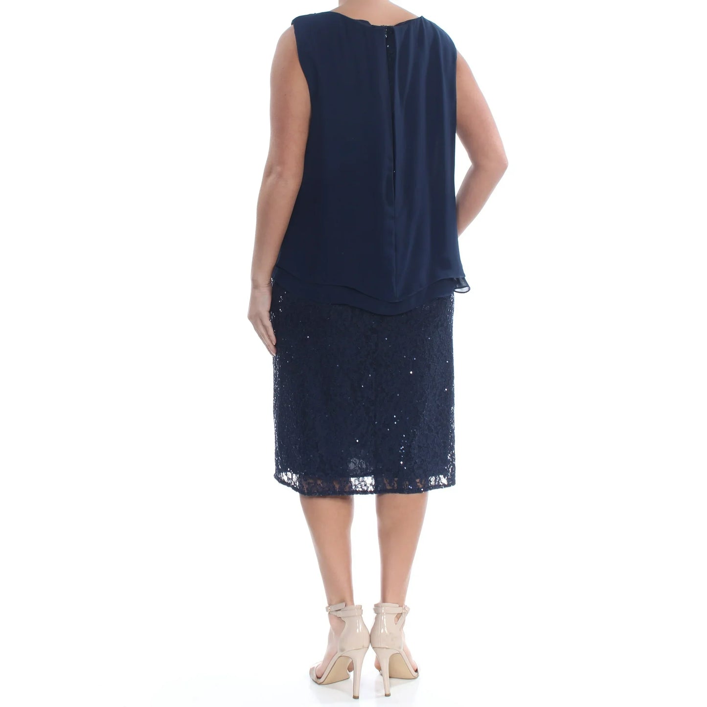 SLNY Womens Navy Embellished Sheer Overlay Sheath Formal Dress Plus Size: 16W