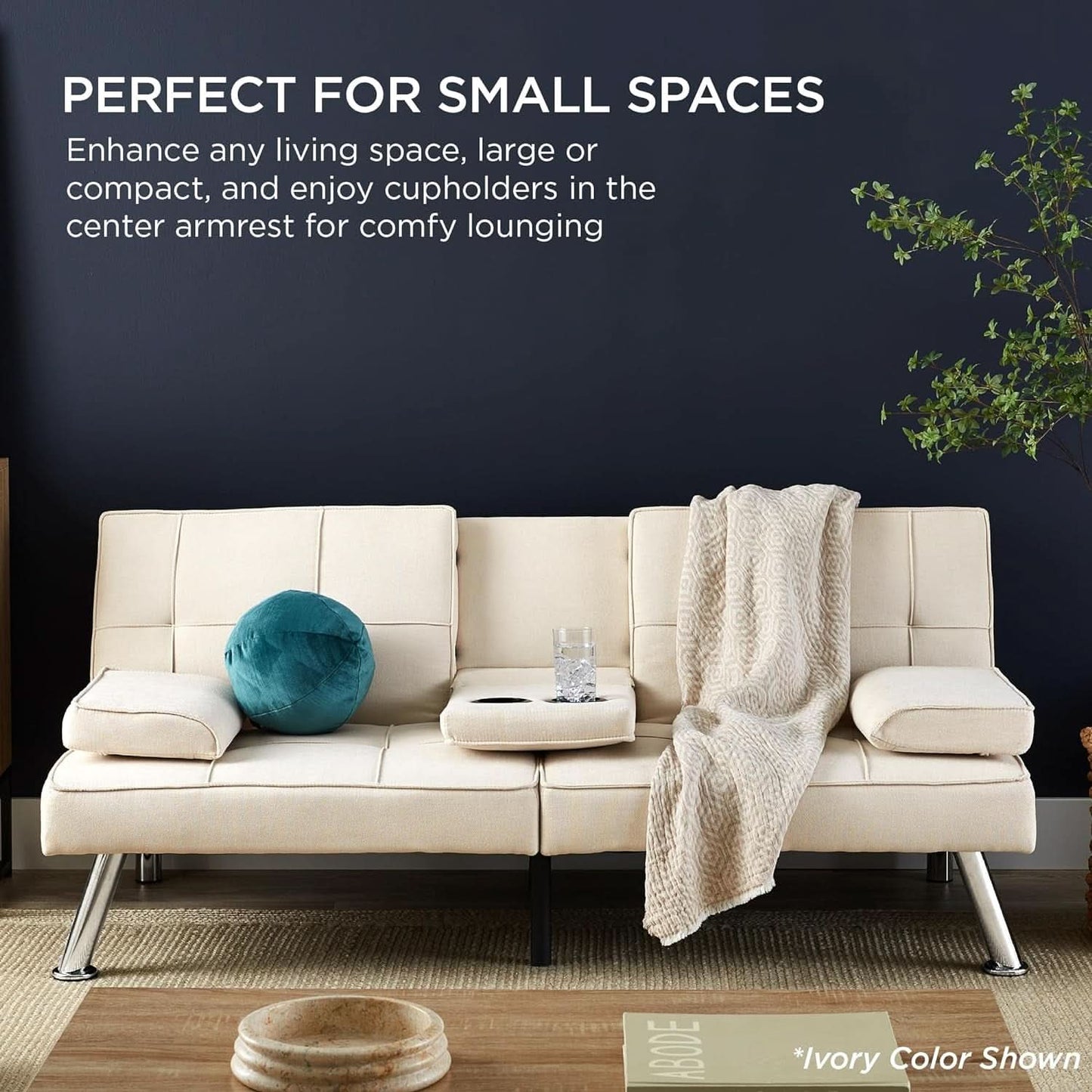 Black Linen Folding Futon Recliner With Cupholders