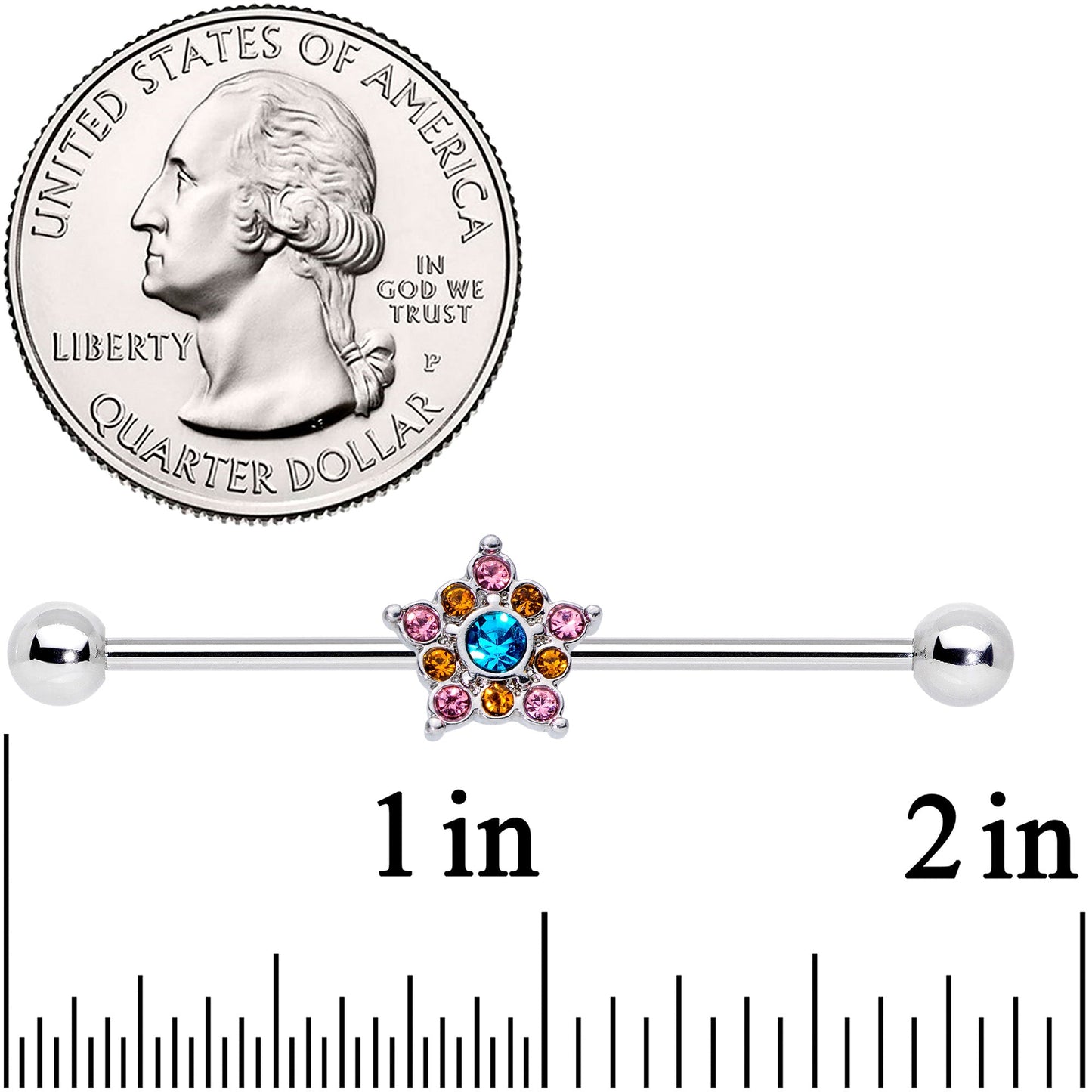 14G Pink Yellow Blue Gem Showy Star Industrial Barbell 38mm