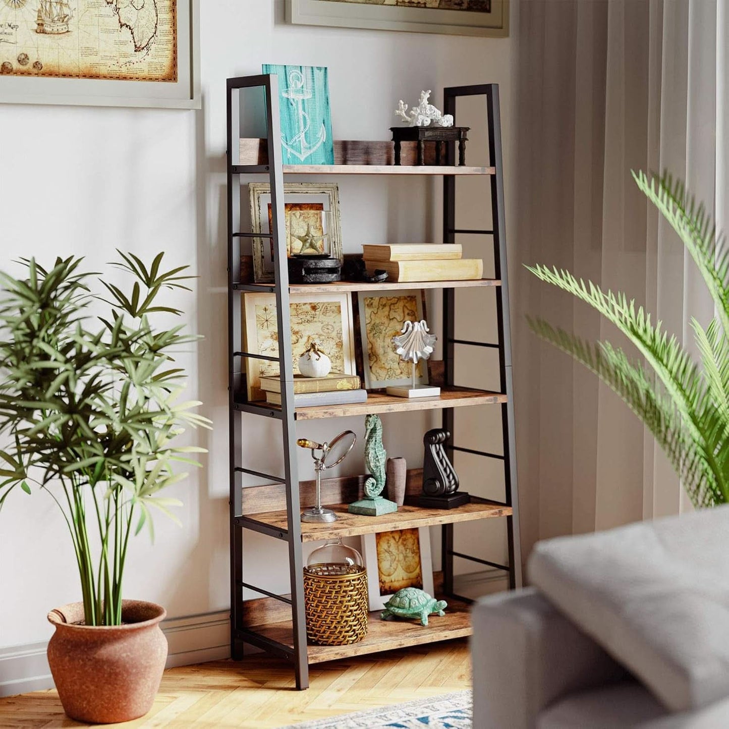 Industrial Ladder Shelf 5 Tier Bookshelf Rustic Brown