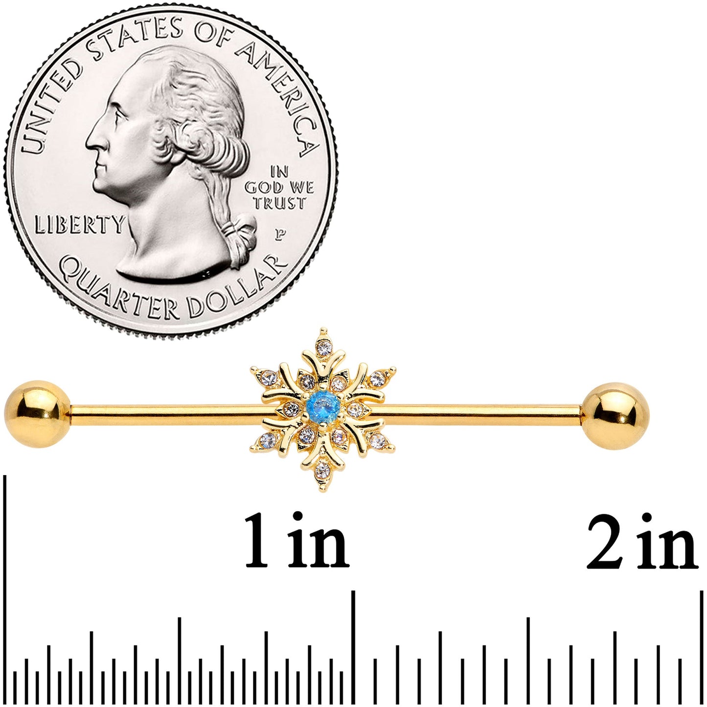 14G Blue CZ Gem Gold Tone Snowflake Industrial Barbell 38mm