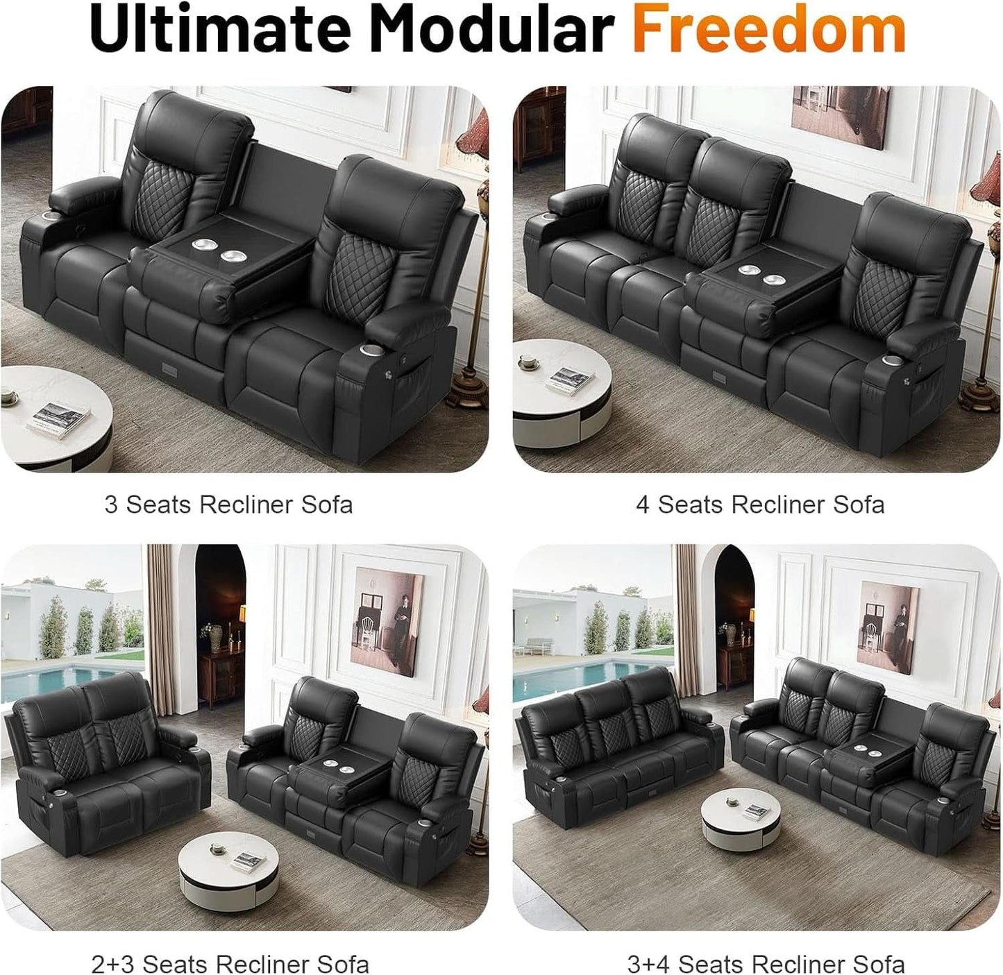 Black PU Leather Four Seater Recliner With USB Ports