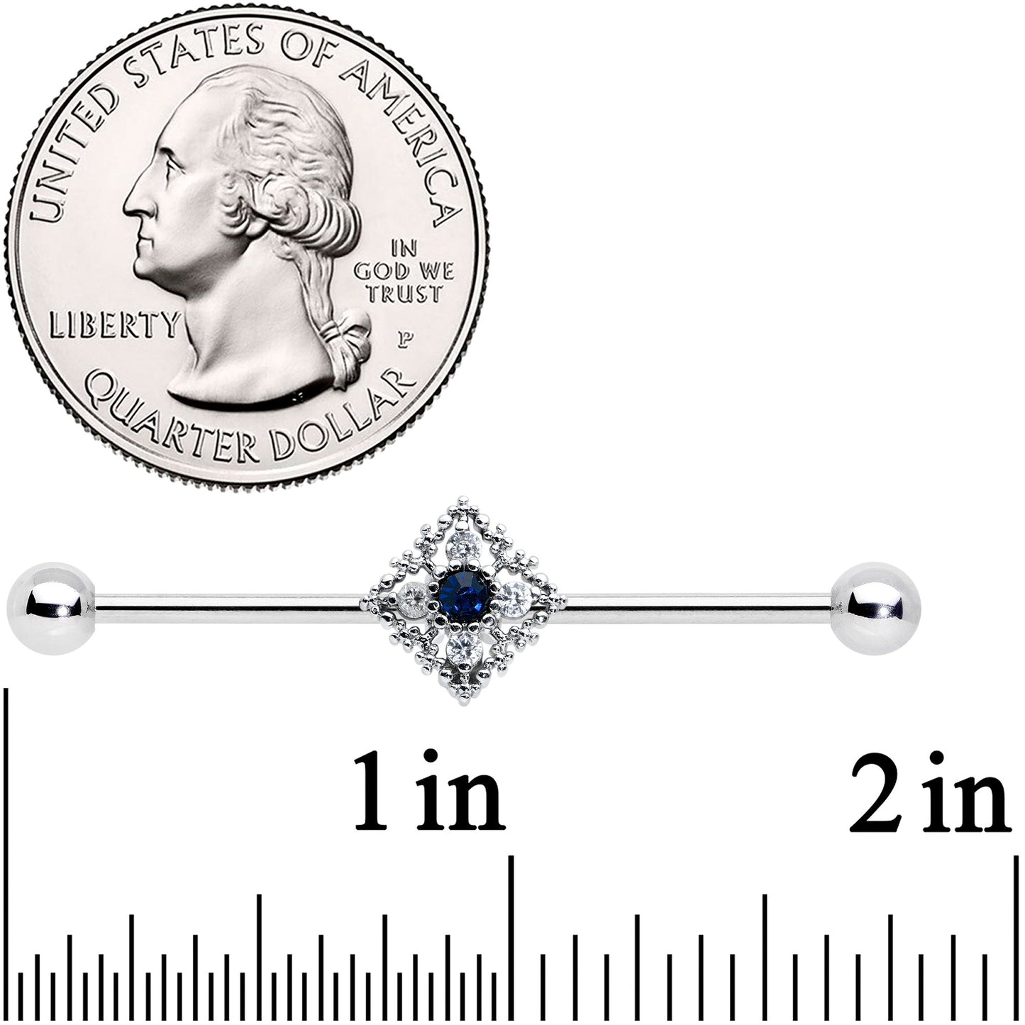 14G Clear Blue Gem Textured Rhombus Cross Industrial Barbell 38mm