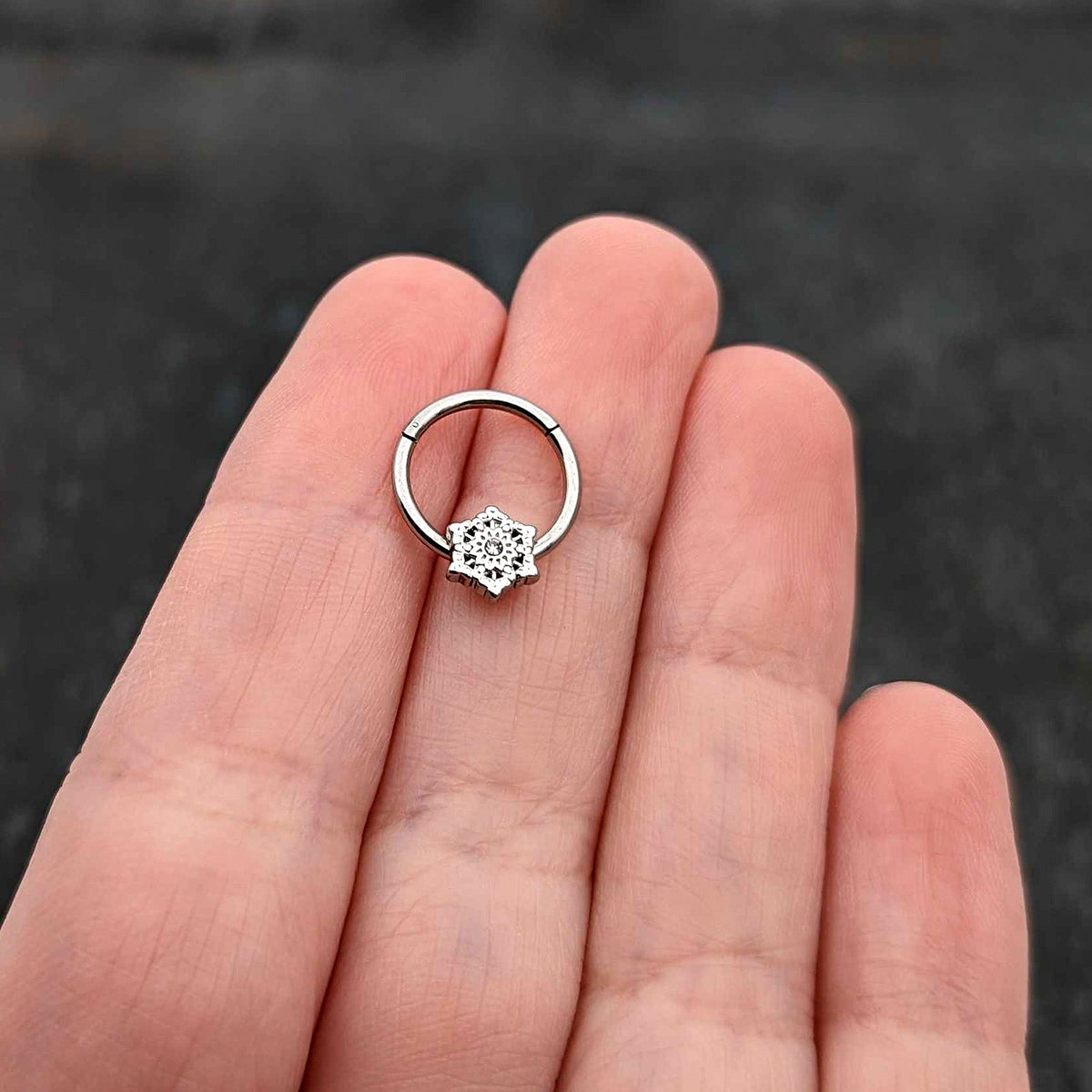 16G 3/8 Clear Gem Filigree Winter Snowflake Hinged Segment Ring