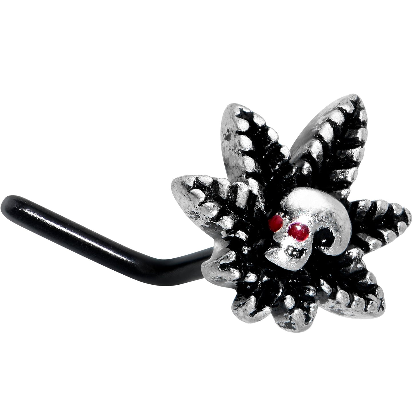 20G 7mm Red Gem Black Pot Leaf Skull L Shape Nose Ring