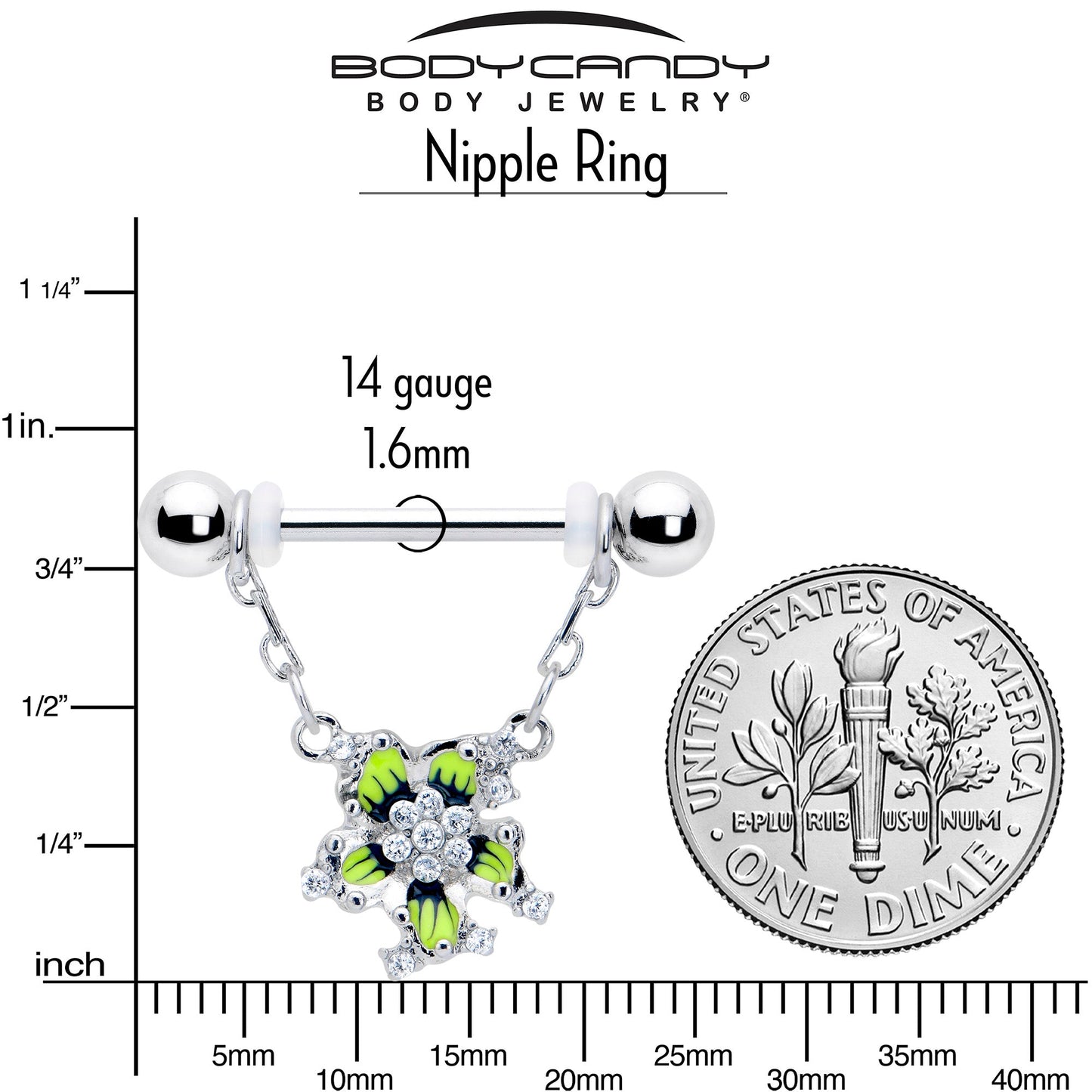 14G 9/16 Clear CZ Gem Go Green Flower Chain Dangle Nipple Ring Set