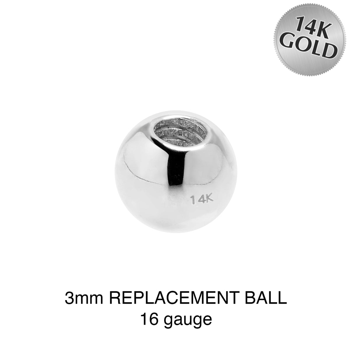 3mm 16G Solid 14k White Gold Replacement Ball