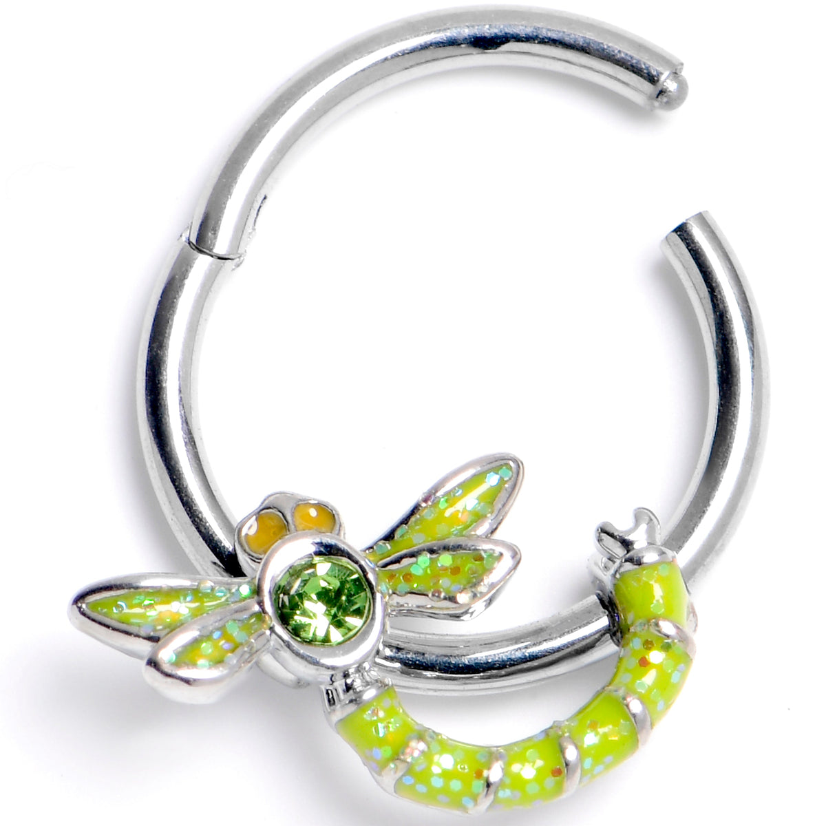 16G 3/8 Green Gem Dragonfly Green Hinged Segment Ring