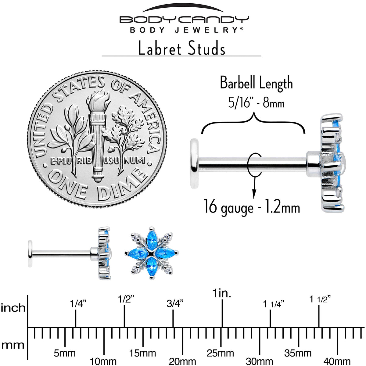 16G 5/16 Blue CZ Gem Classic Flower Flatback Stud