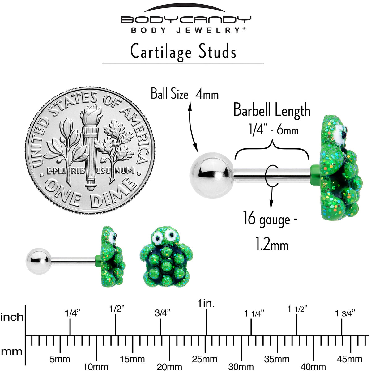 16G 1/4 Texture Turtle Cartilage Tragus Earring
