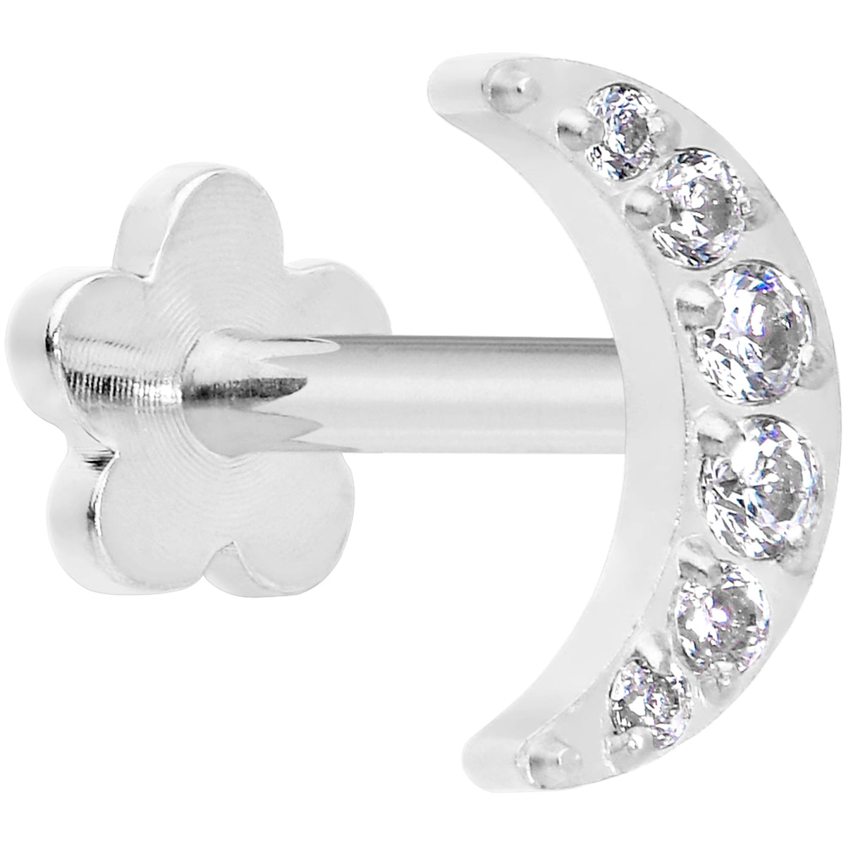 Titanium Flat Back Earring Gem Crescent Moon - 18G Threadless Reversible