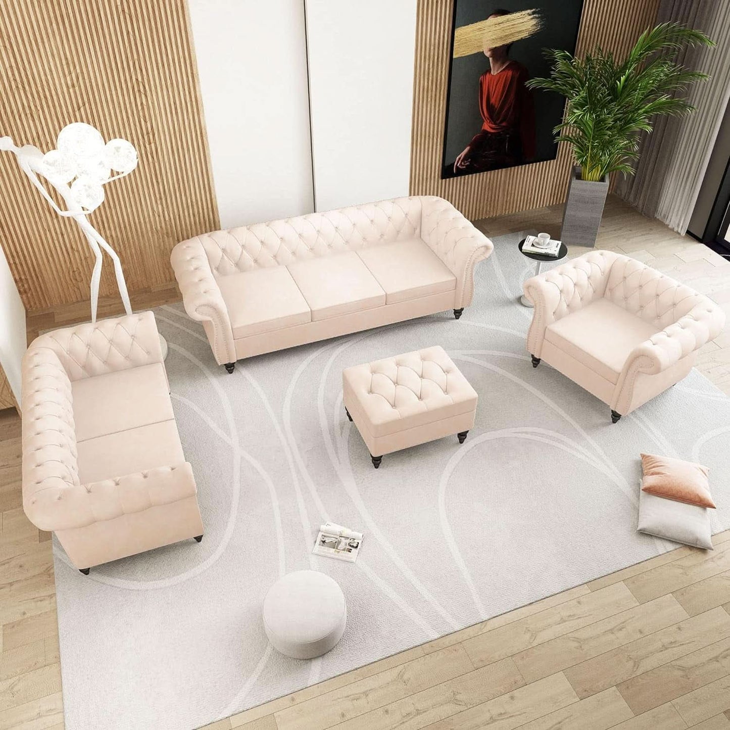 Beige Velvet 3 Piece Living Room Set With Chesterfield Sectional Sofa And Loveseat
