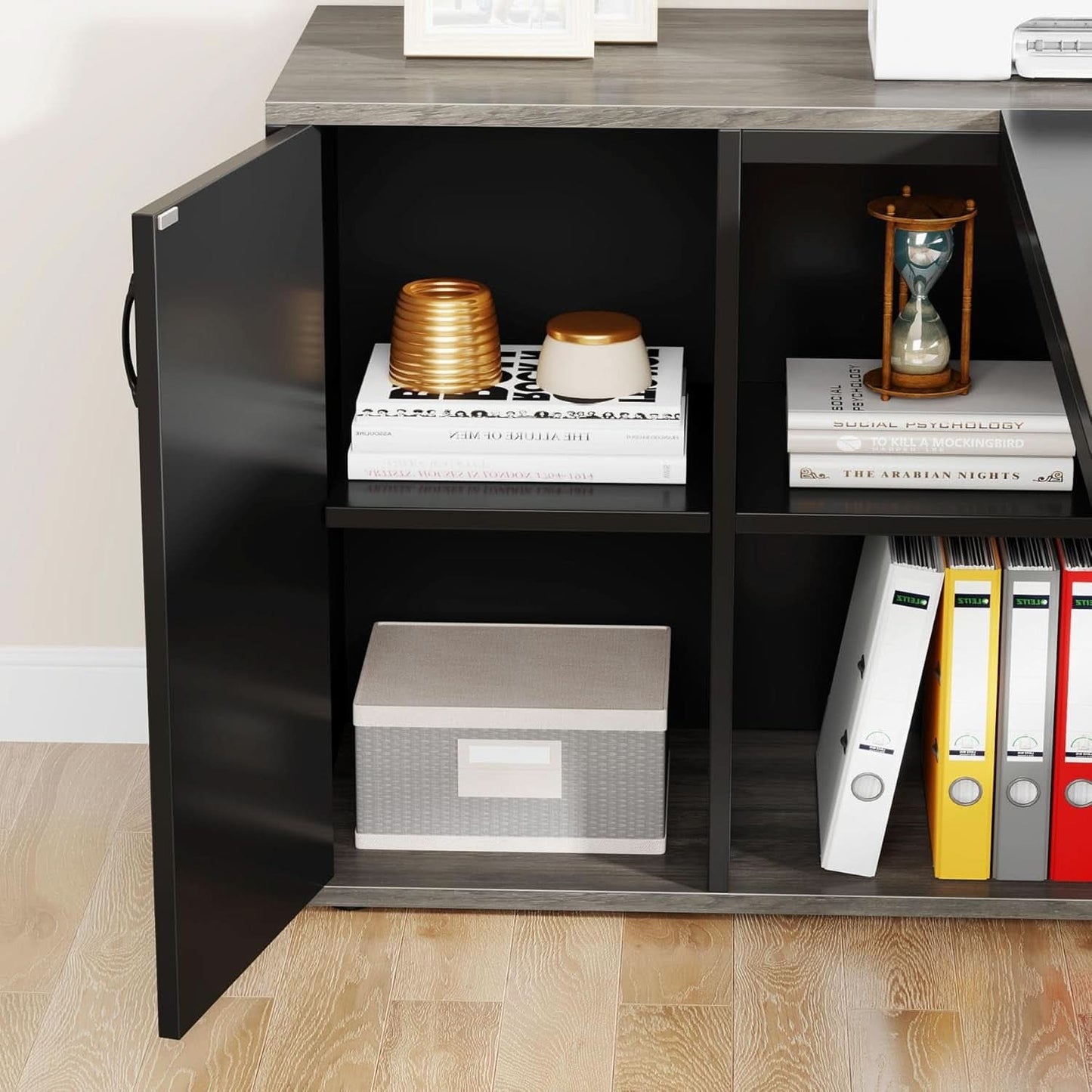 71 Inch Gray L Shaped Desk With Cabinet Storage For Home Office