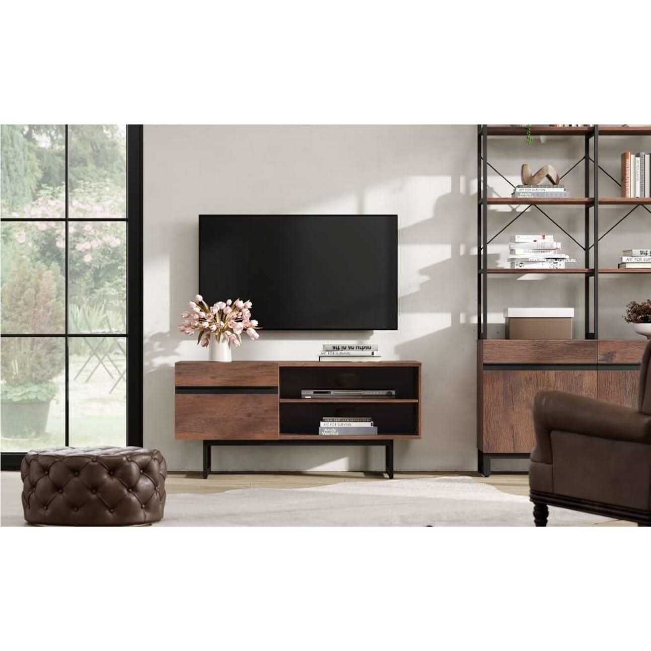 100 Inch TV Stand With Storage Walnut Wood Grain Finish