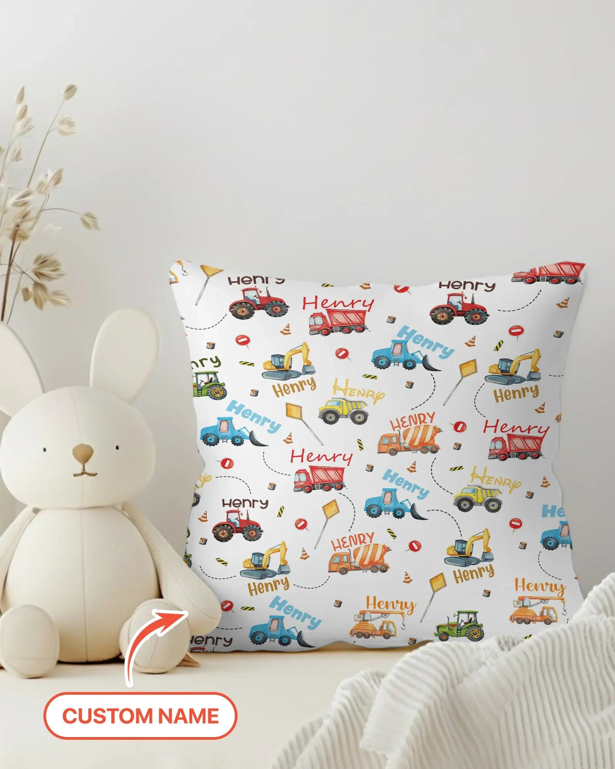 Construction Vehicles Custom Name Pillow Case