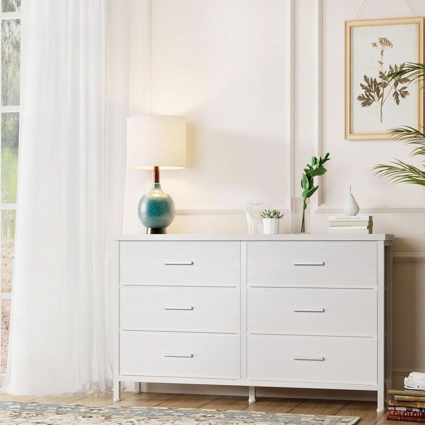 White Premium Fabric Dresser With Six Drawers And Wood Top