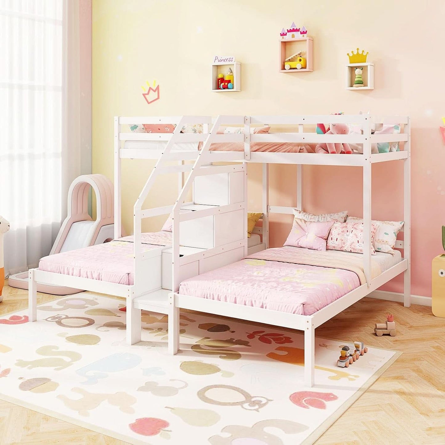 White Solid Wood Triple Bunk Bed With Storage Stair