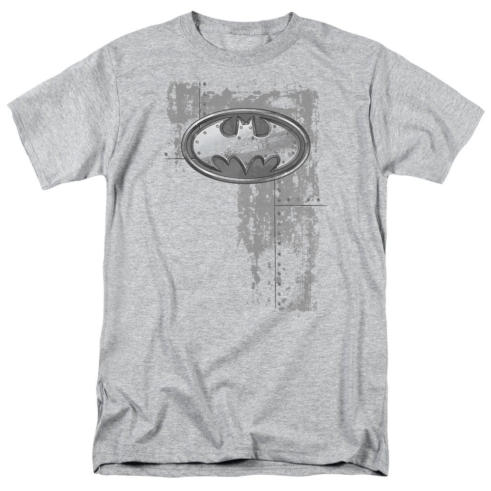 Batman Rivited Metal Logo Mens T Shirt Athletic Heather Officially Licensed