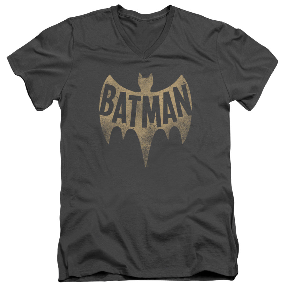 Batman Classic Tv Vintage Logo Mens Slim Fit V Neck T Shirt Charcoal Officially Licensed