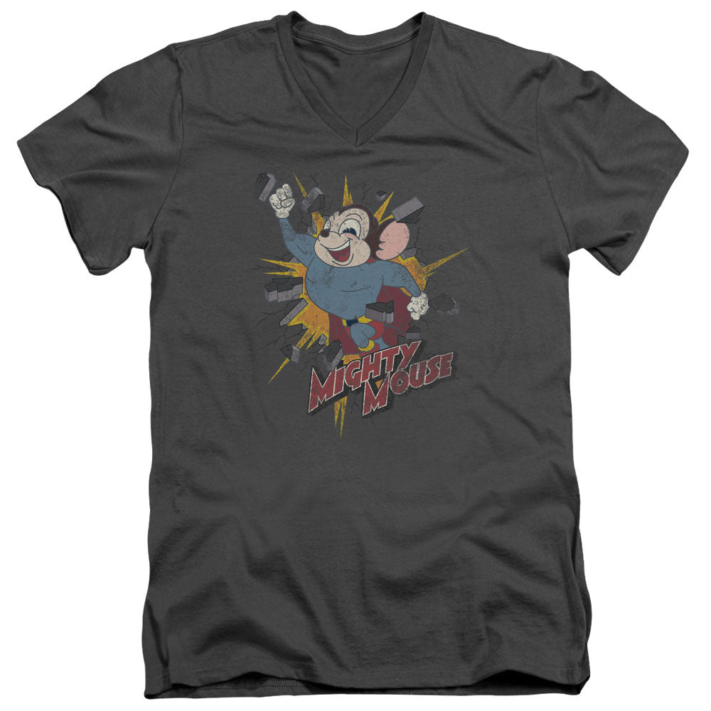 Mighty Mouse Break Through Mens Slim Fit V-Neck T Shirt Charcoal Officially Licensed