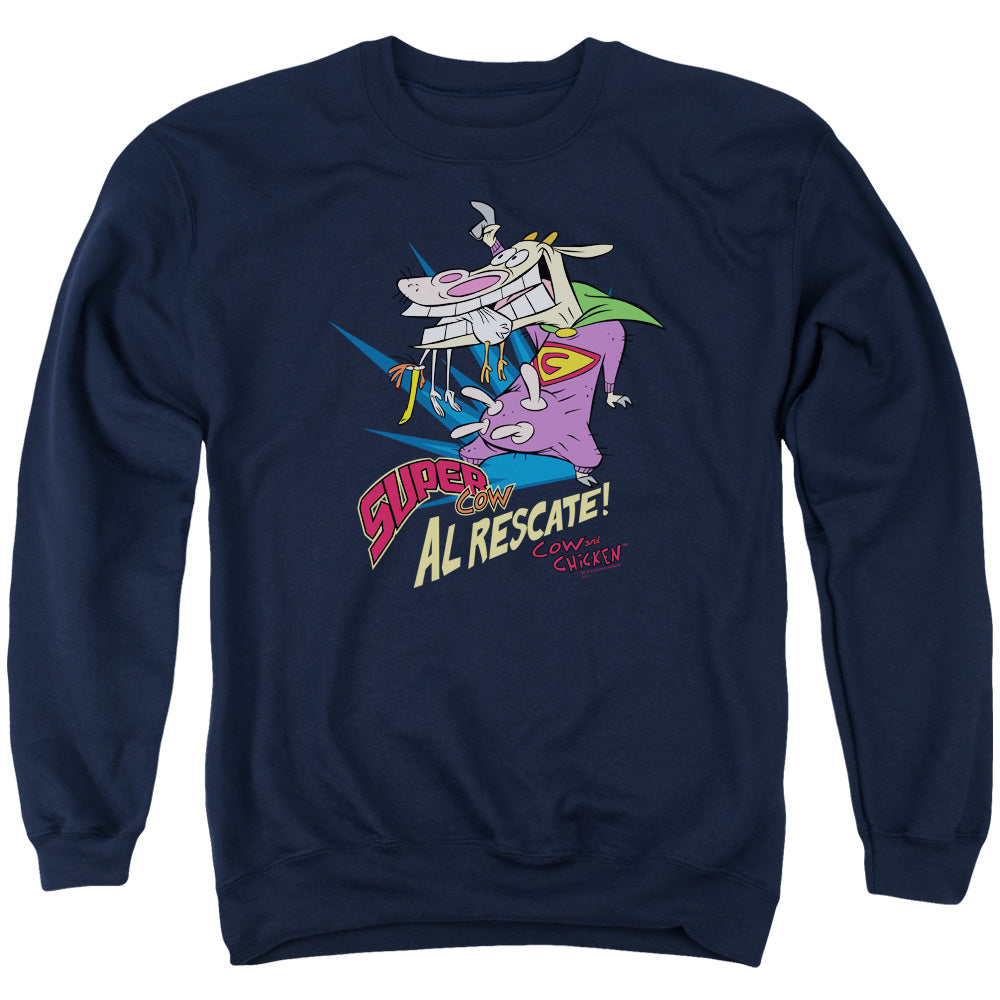 Cow & Chicken Super Cow Mens Crewneck Sweatshirt Navy Blue Officially Licensed