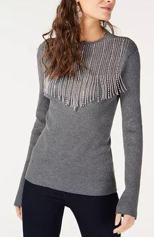INC International Concepts Embellished Fringe Sweater, Gray, Size XL