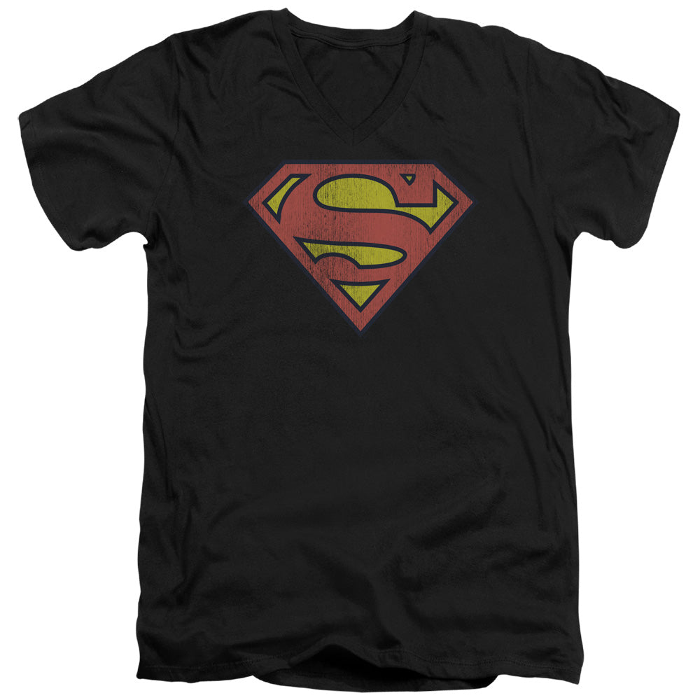 DC Comics Retro Supes Logo Distressed Mens Slim Fit V Neck T Shirt Black Officially Licensed