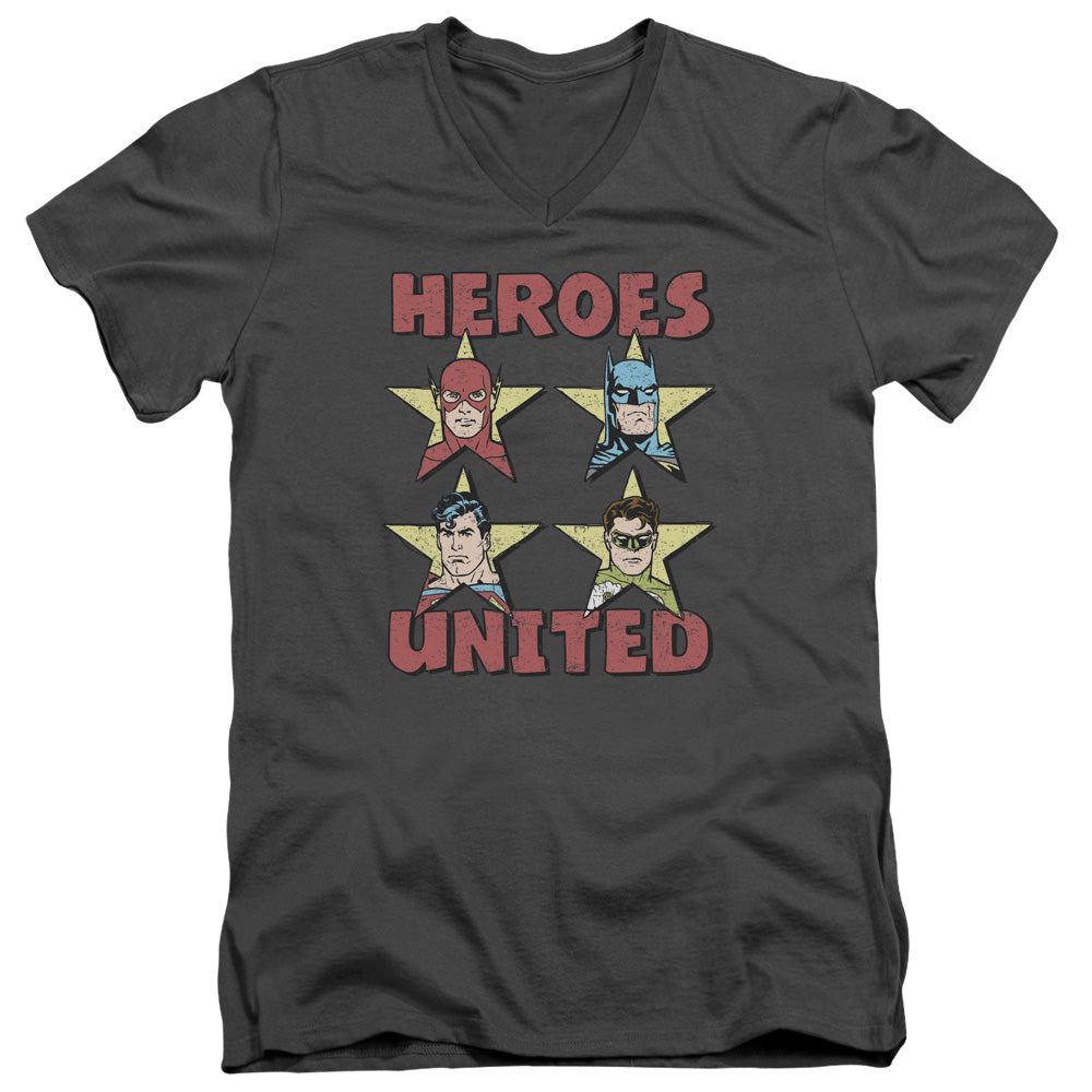 Justice League United Stars Mens Slim Fit V-Neck T Shirt Charcoal Officially Licensed
