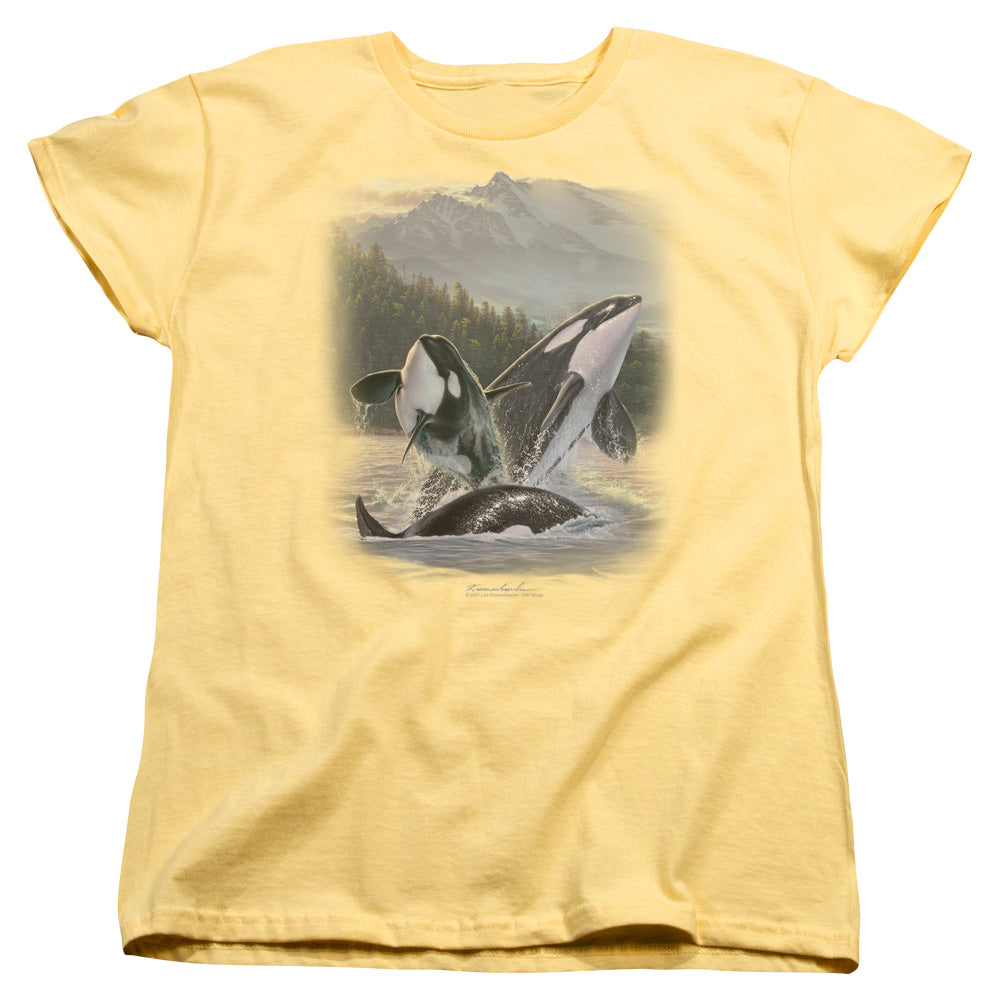 Wildlife Breaching Orcas Womens T Shirt Banana