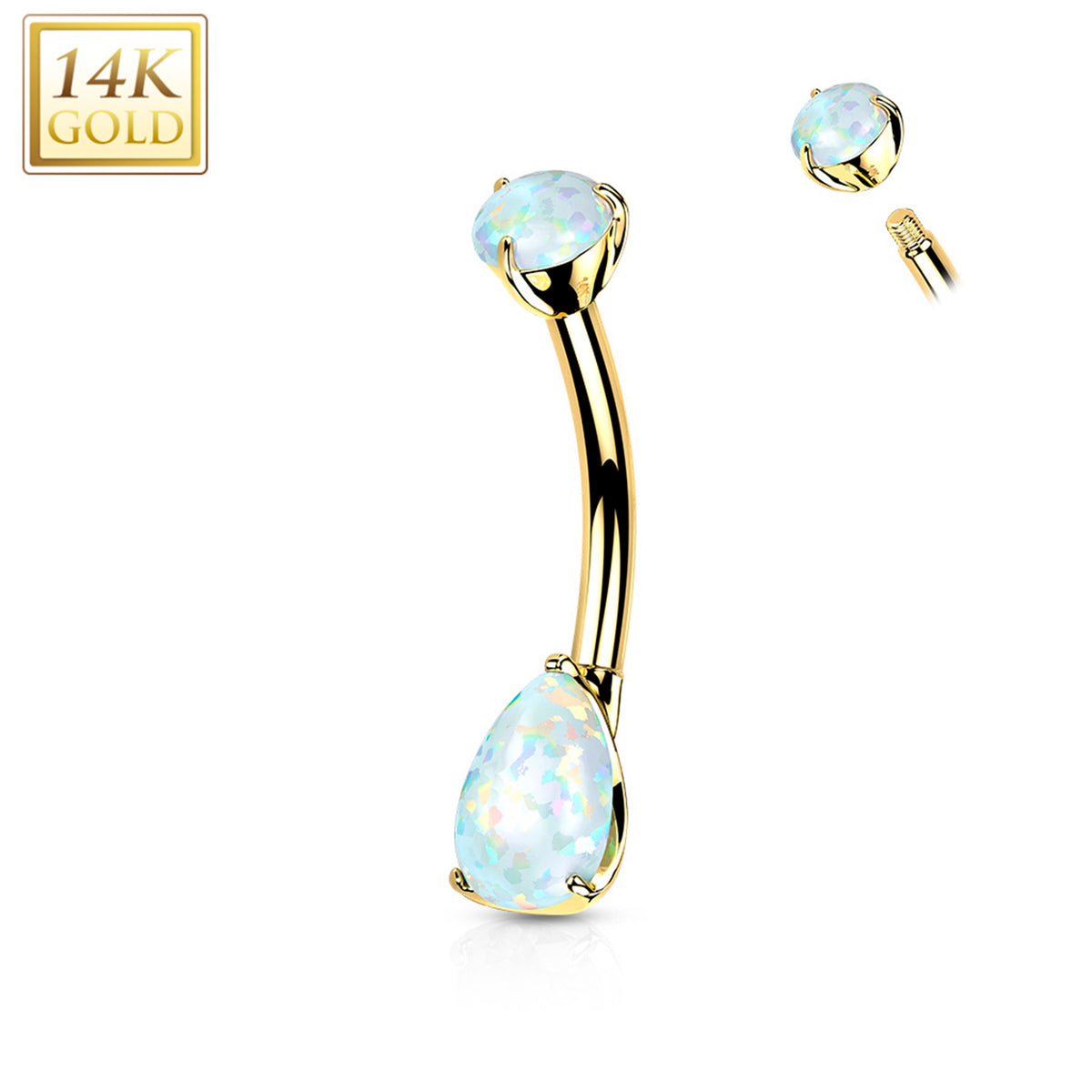 14k Solid Yellow Gold Double Prong Set Teardrop Synthetic Opal Belly Ring