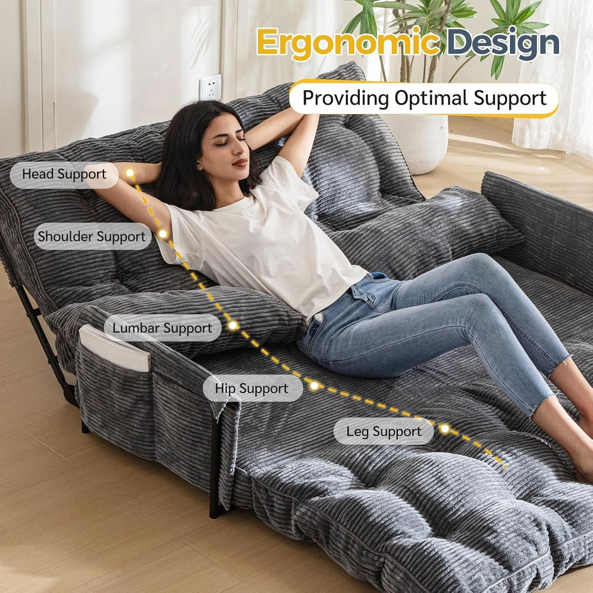 Customizable Dark Grey Floor Sofa Bed With Five Position Adjustment