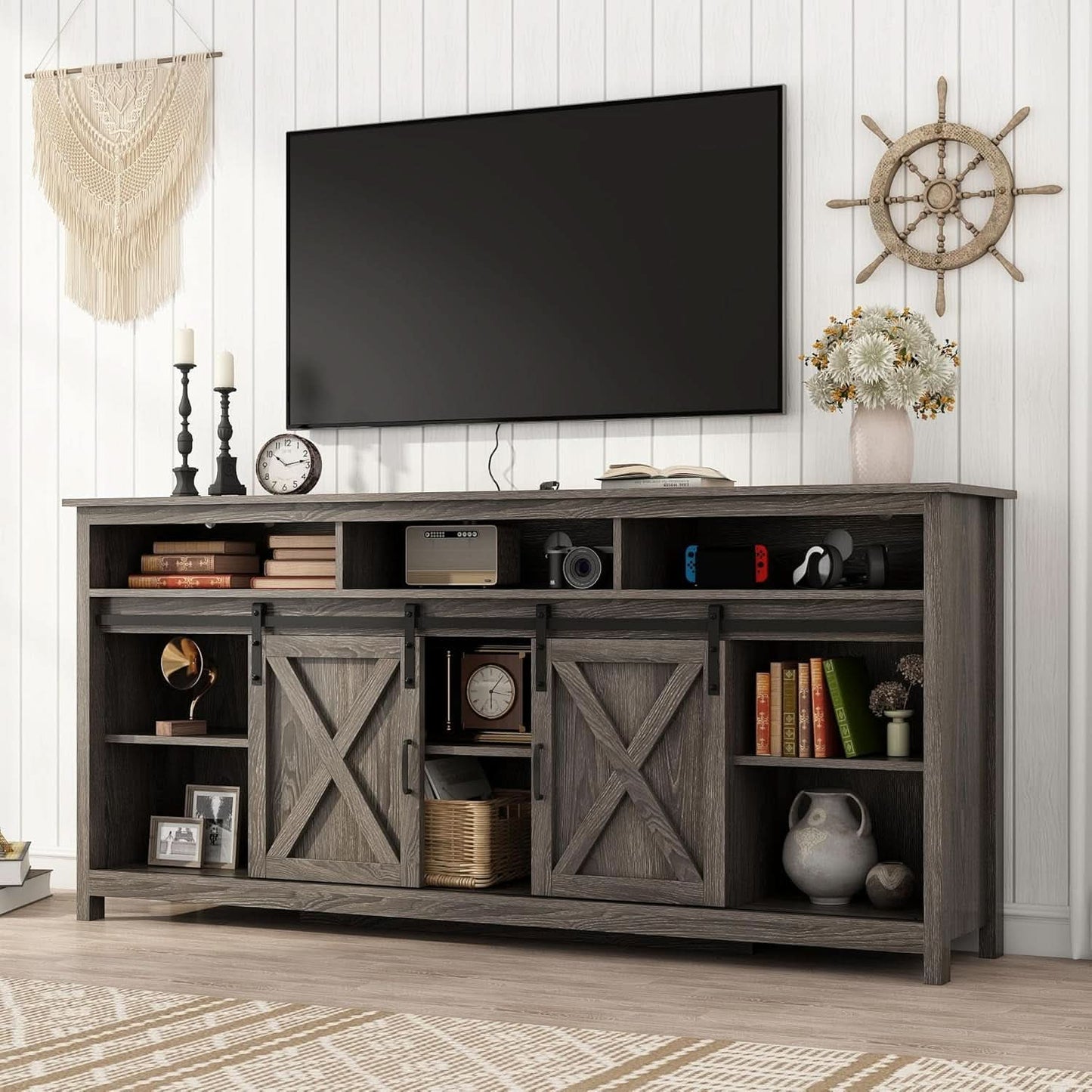 Wooden Farmhouse TV Stand 70 Inch With Double Storage