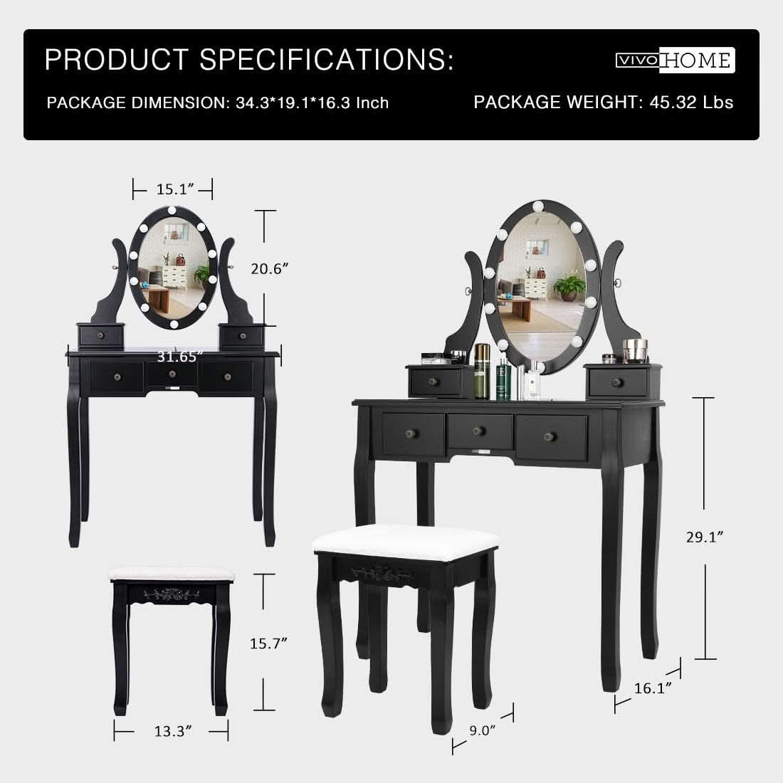 Three Color Dimmable LED Lighted Vanity Mirror Set With Built In Storage For Makeup Station