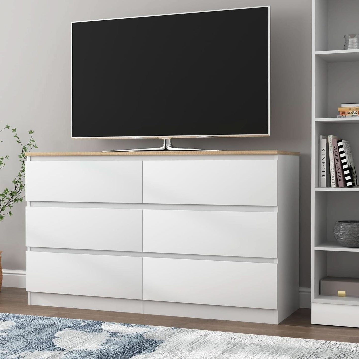 White Forty Seven Inch Six Drawer Dresser Wood Top