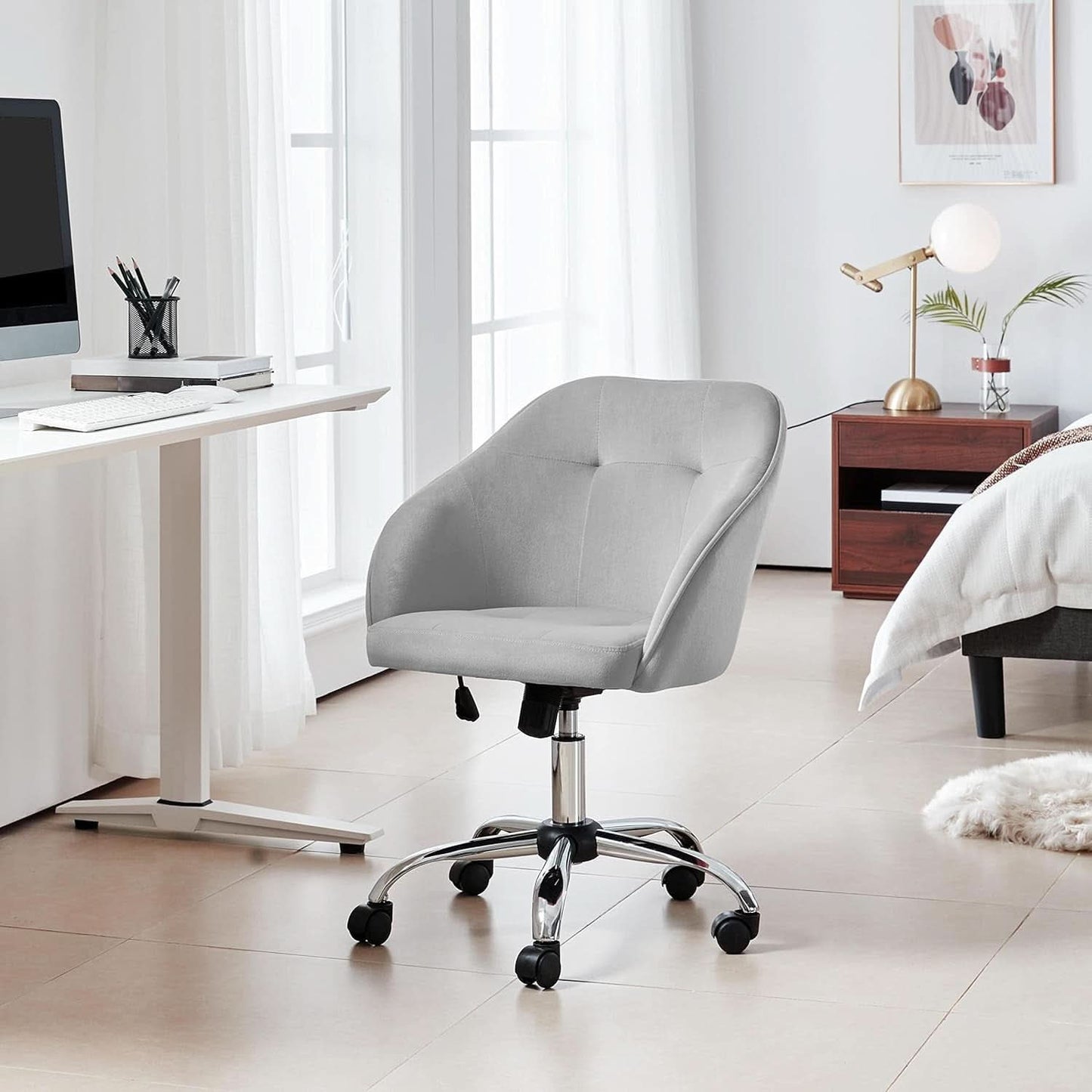 Light Gray Velvet Desk Chair With Adjustable Tilt Arm