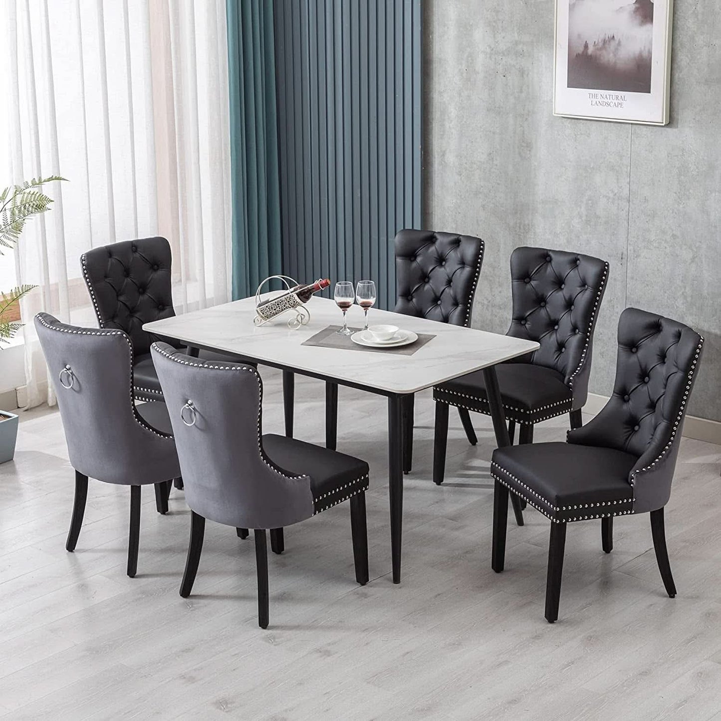 Black And Dark Grey Velvet Dining Chairs Set Of 6 With Nailhead Trim Pull Ring