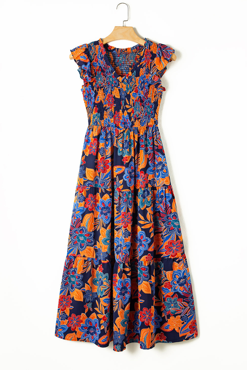 Kamari Boho Floral V Neck Ruffle Tiered Long Dress
