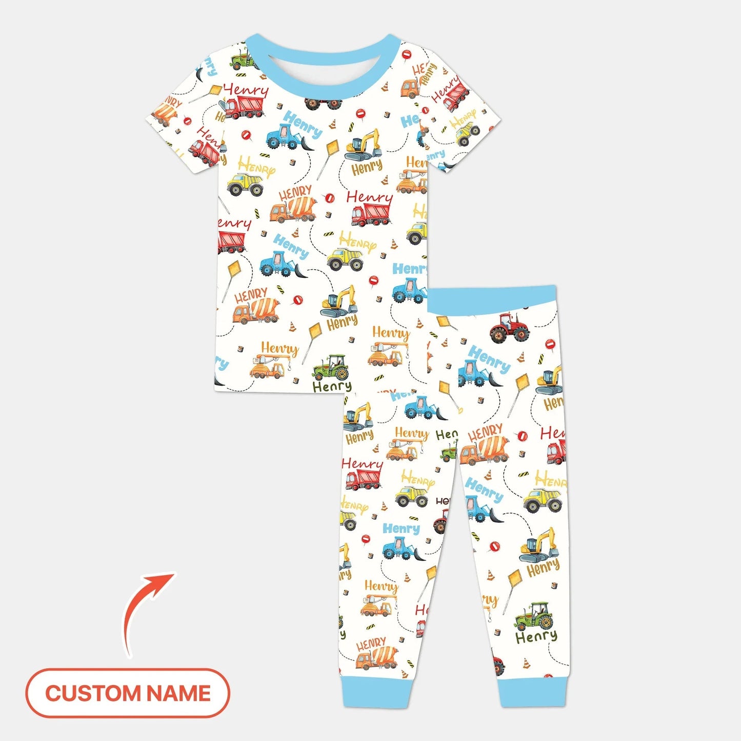Construction Vehicles Custom Name Two Piece Short Sleeve Pajama Set